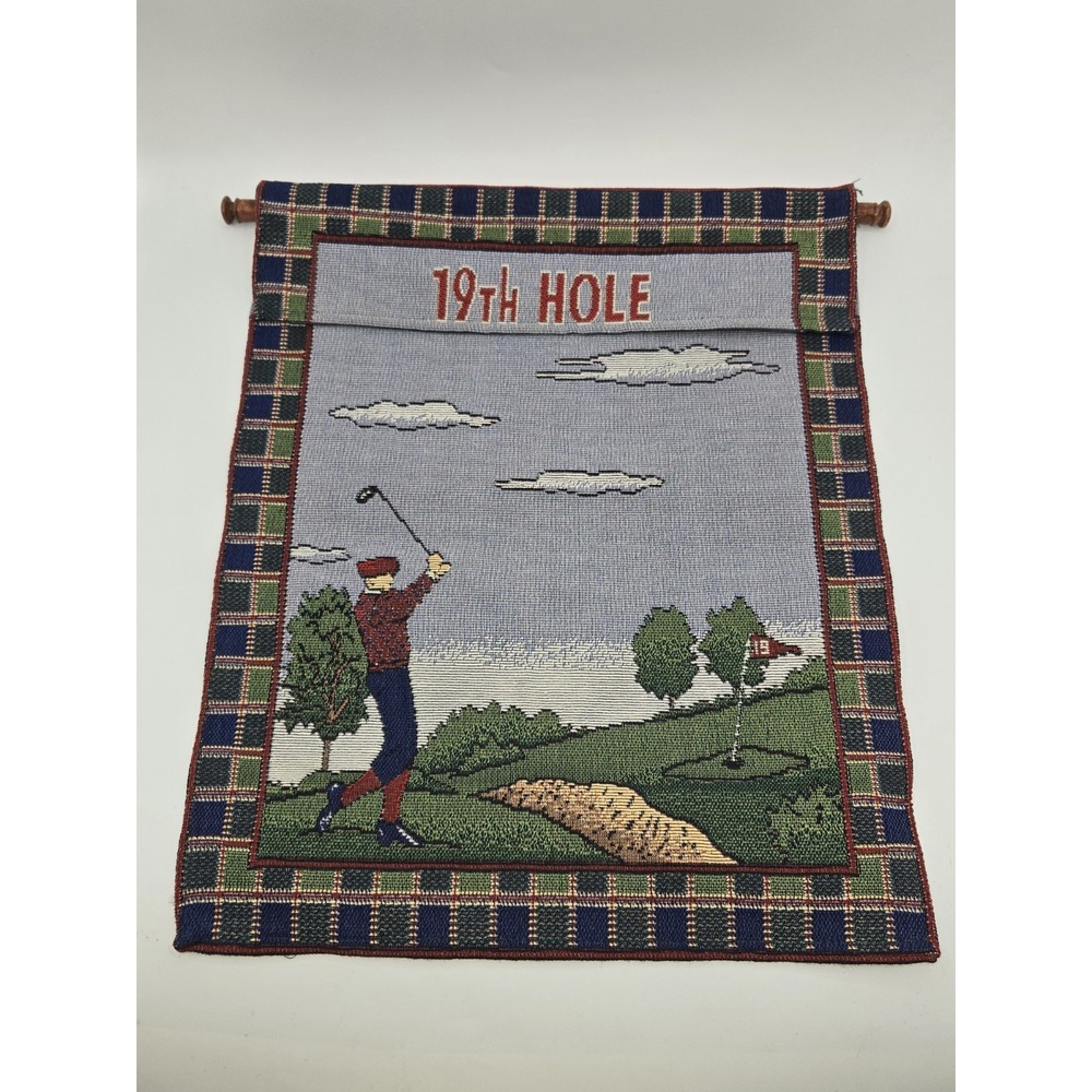 19th Hole Golf Tapestry Wall Hanging W.W. 2001 Plaid Golfer Wood Rod Decor